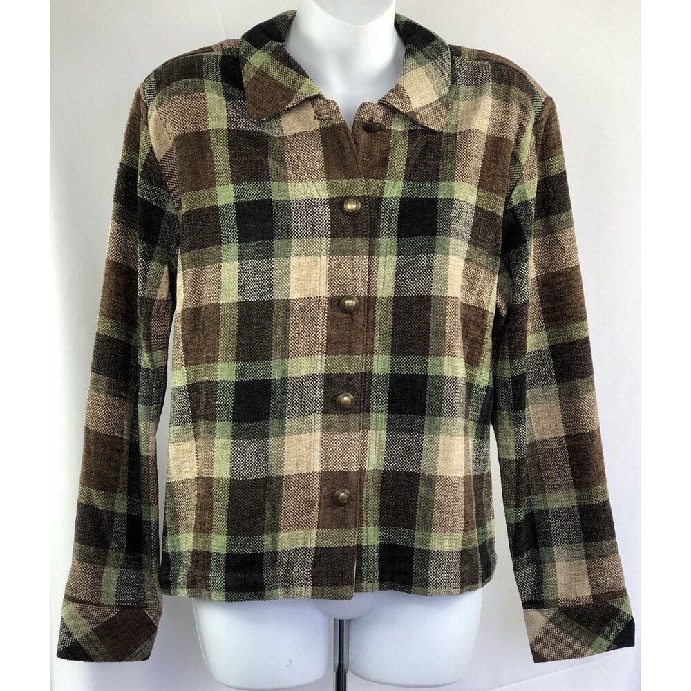 Vintage Shacket Top M Green/brown Plaid Chenille Twill Button Up Cottagecore
